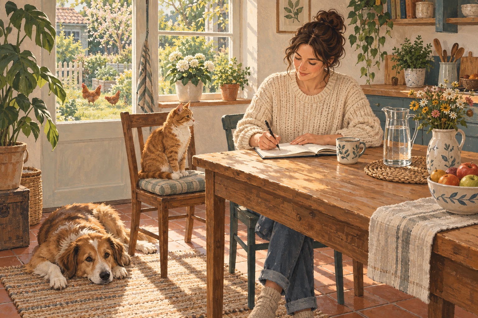 Illustration: Eine Frau plant am Küchentisch, neben ihr eine Katze und ein Hund. Im Garten sind Hühner zu sehen.