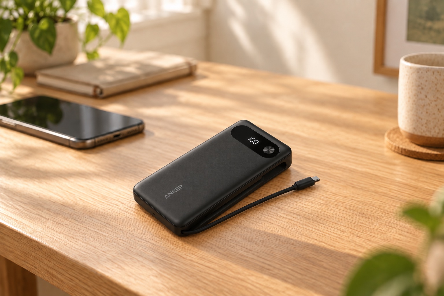 Anker A1383 auf einem Schreibtisch – KI-generierte Produktinszenierung