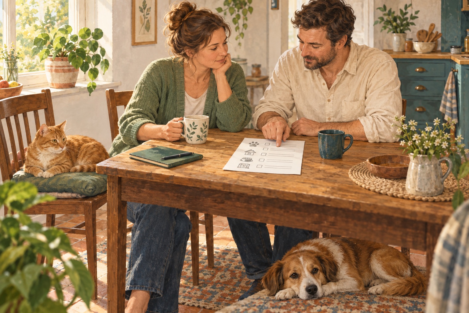 Zwei Erwachsene gehen gemeinsam einen Betreuungsplan durch; Katze und Hund sind dabei.