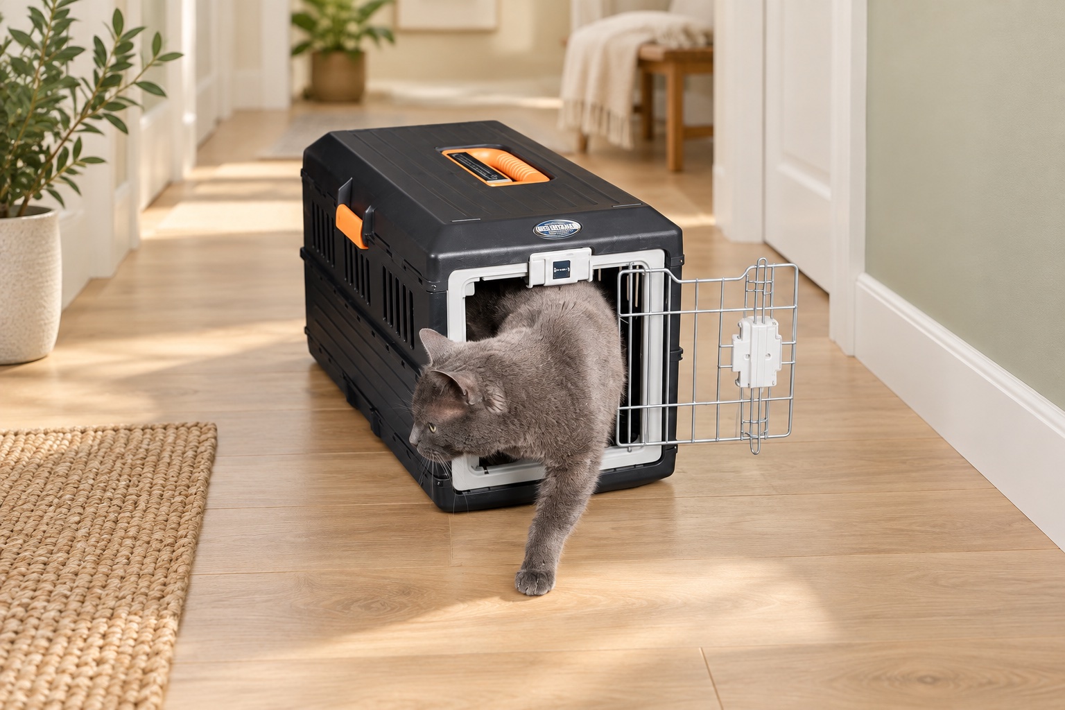 Iris FC-550 Transportbox mit Katze – KI-generierte Produktinszenierung