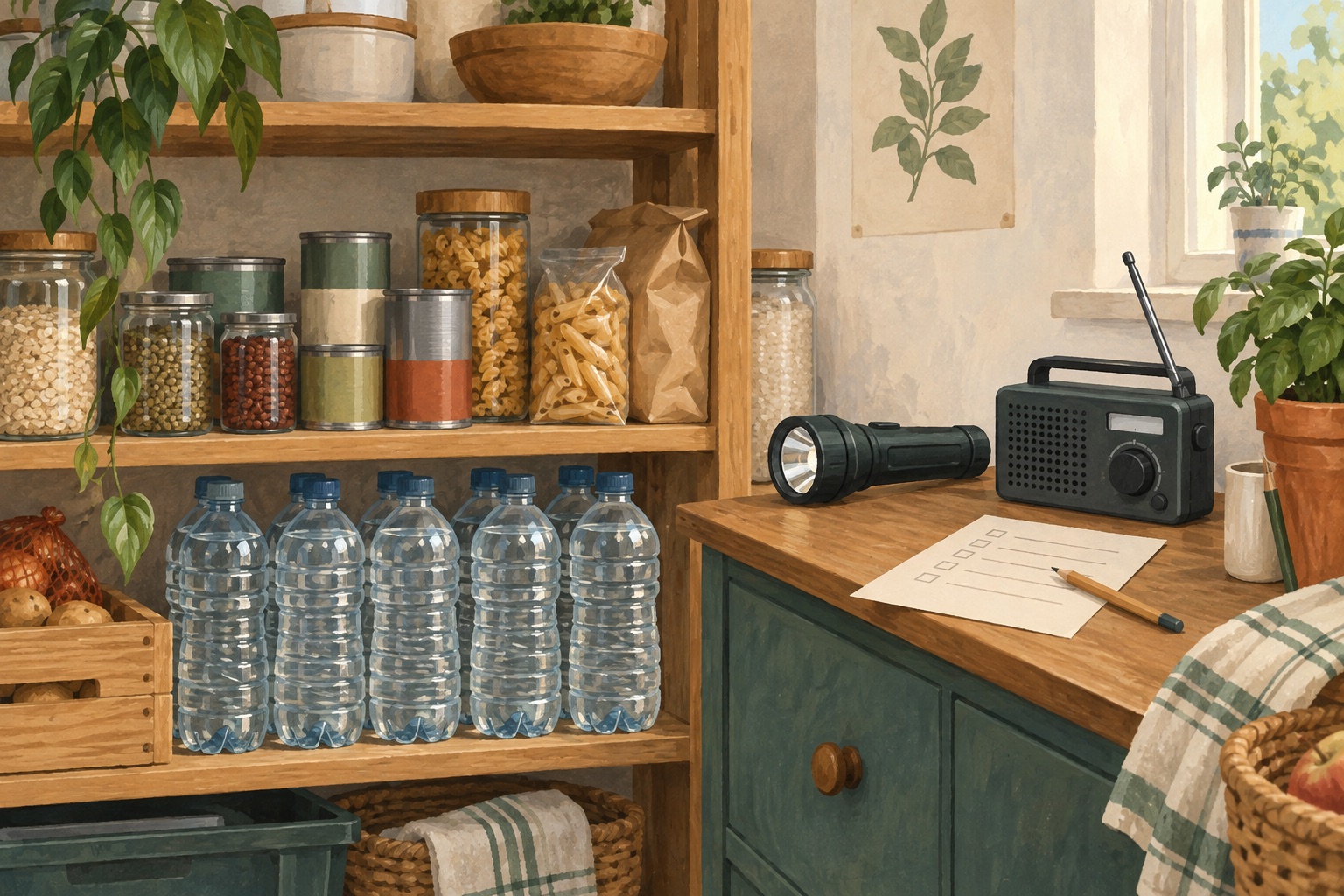 Vorratsregal mit Wasser und Lebensmitteln; daneben liegen Taschenlampe, Radio und eine Liste.